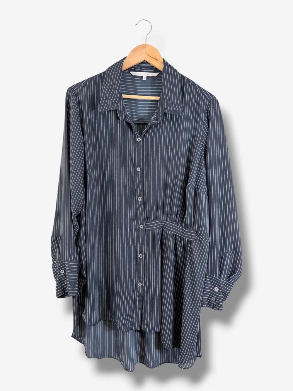 Rachel Roy Navy Pinstripe Blouse 14W Asymmetrical Waist Button Front Tunic